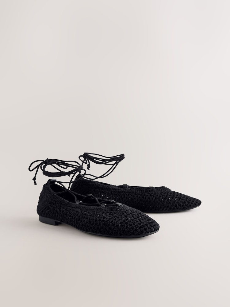 Black Forever Comfort® Round Toe Crochet Tie Up Ballerinas - Image 2 of 5