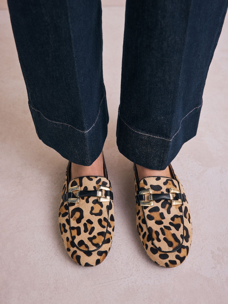 Leopard Forever Comfort® Leather Hardware Trim Detail Loafer Mules - Image 1 of 11 Leopard Forever Comfort® Leather Hardware Trim Detail Loafer Mules - Image 1 of 11
