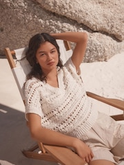 White Ecru Crochet Stitch V-Neck Short Sleeve 100% Cotton Top - Image 1 of 8