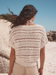 White Ecru Crochet Stitch V-Neck Short Sleeve 100% Cotton Top - Image 3 of 8