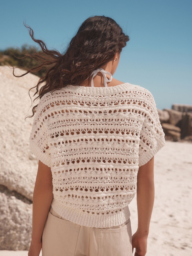 Buy White Ecru Crochet Stitch V-Neck Short Sleeve 100% Cotton Top