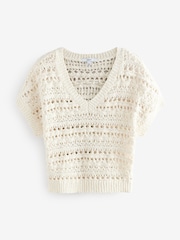 White Ecru Crochet Stitch V-Neck Short Sleeve 100% Cotton Top - Image 6 of 8