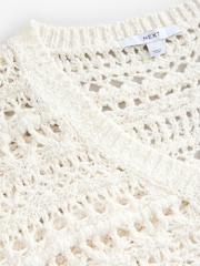 White Ecru Crochet Stitch V-Neck Short Sleeve 100% Cotton Top - Image 8 of 8