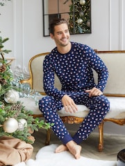 Threadbare Navy Blue Cotton Long Sleeves Check Christmas 100% Cotton Pyjamas Set - Image 1 of 4