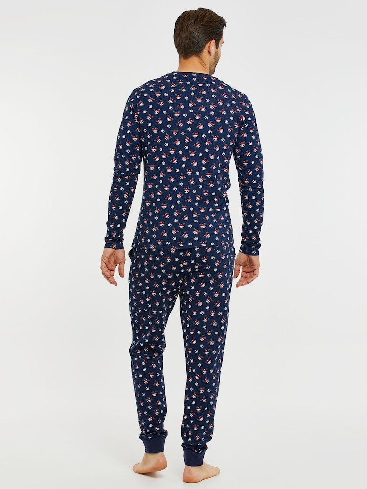 Threadbare Navy Blue Cotton Long Sleeves Check Christmas 100% Cotton Pyjamas Set - Image 2 of 4