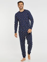 Threadbare Navy Blue Cotton Long Sleeves Check Christmas 100% Cotton Pyjamas Set - Image 3 of 4