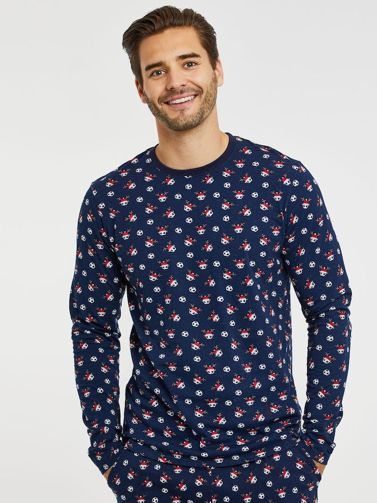 Threadbare Navy Blue Cotton Long Sleeves Check Christmas 100% Cotton Pyjamas Set - Image 4 of 4