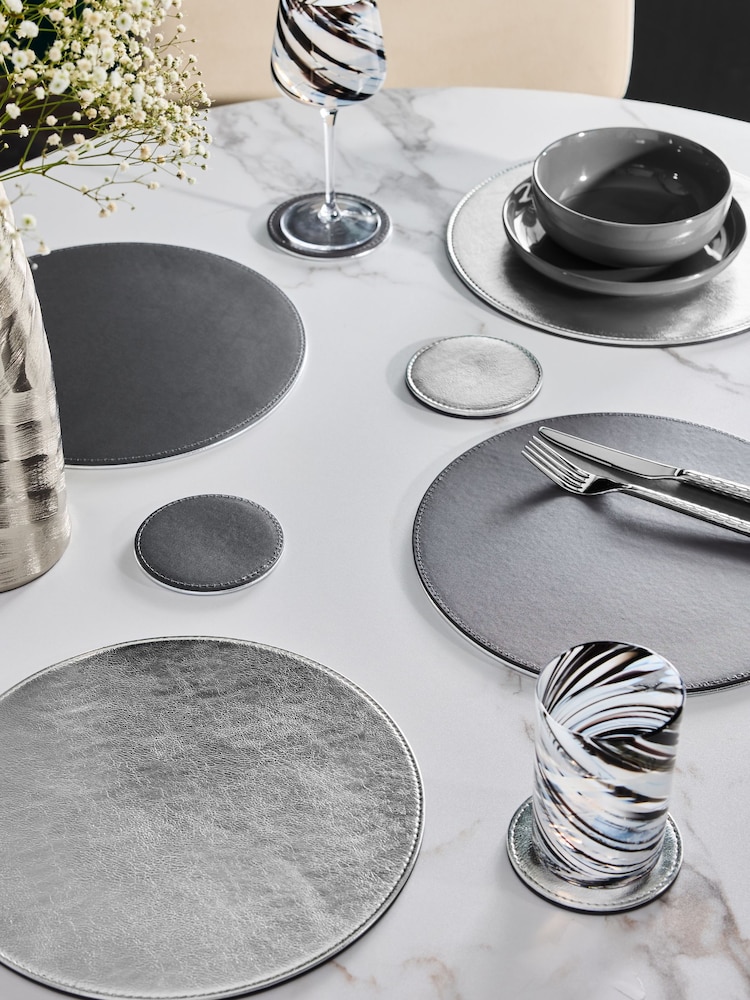 Set of 4 Silver Reversible Faux Leather Placemats and Coasters Set - Image 2 of 4