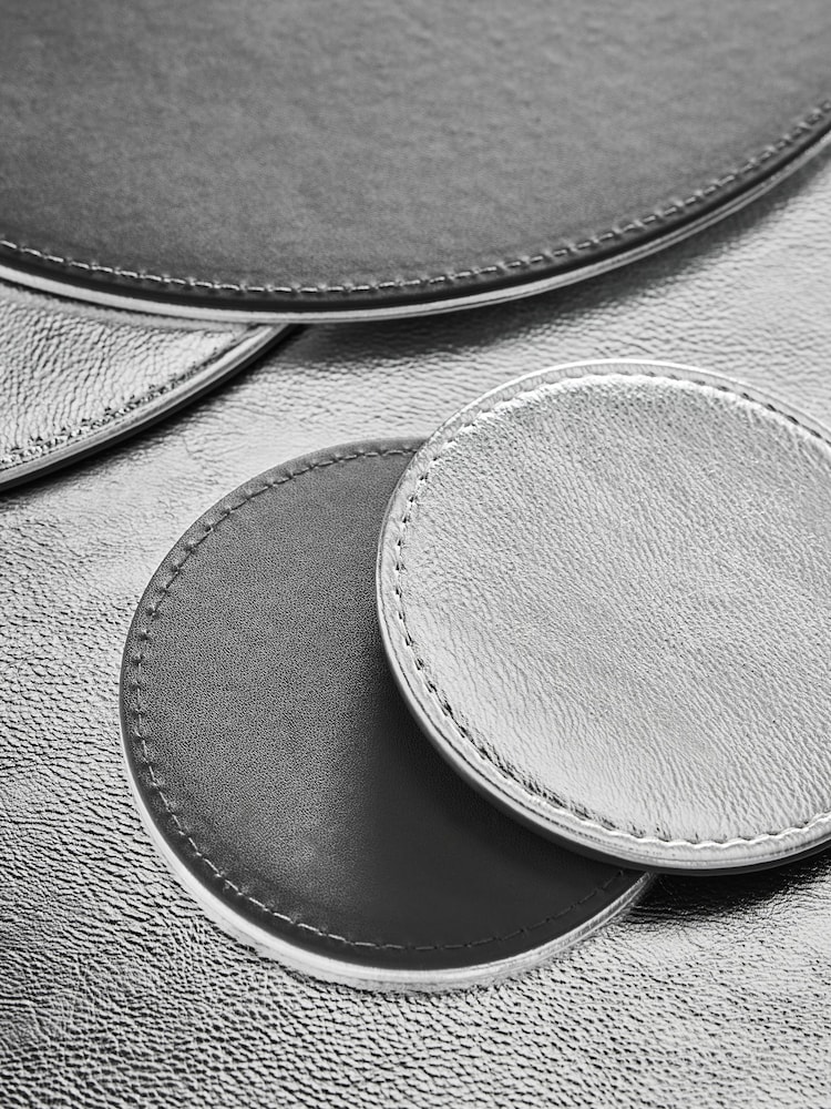 Set of 4 Silver Reversible Faux Leather Placemats and Coasters Set - Image 4 of 4