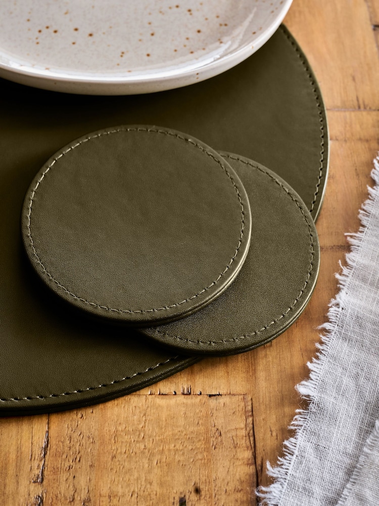 Set of 4 Khaki Green Reversible Faux Leather Placemats and Coasters Set - Image 3 of 3