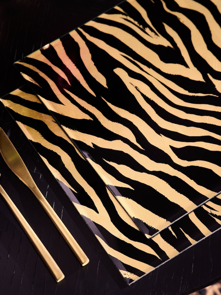 Set of 2 Gold Zebra Galaxy Glass Placemats - Image 2 of 3 Set of 2 Gold Zebra Galaxy Glass Placemats - Image 2 of 3