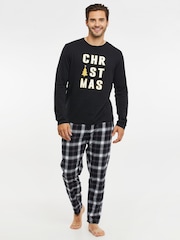 Threadbare Black Cotton Long Sleeves Check Christmas 100% Cotton Pyjamas Set - Image 1 of 5
