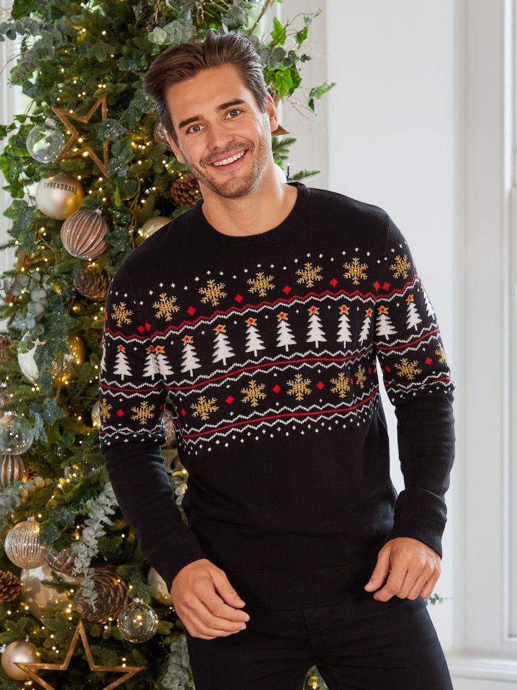 Threadbare Black Crew Neck Christmas Jumper - Image 1 of 6