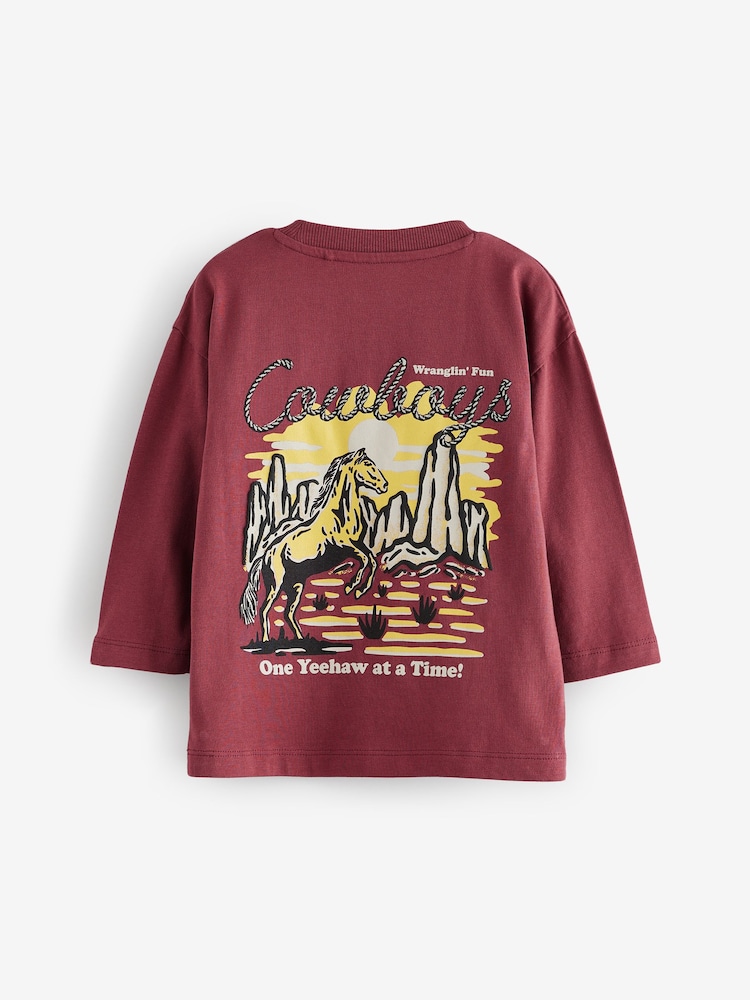Burgundy Red Back Print Long Sleeve 100% Cotton T-Shirt (3mths-7yrs) - Image 2 of 4