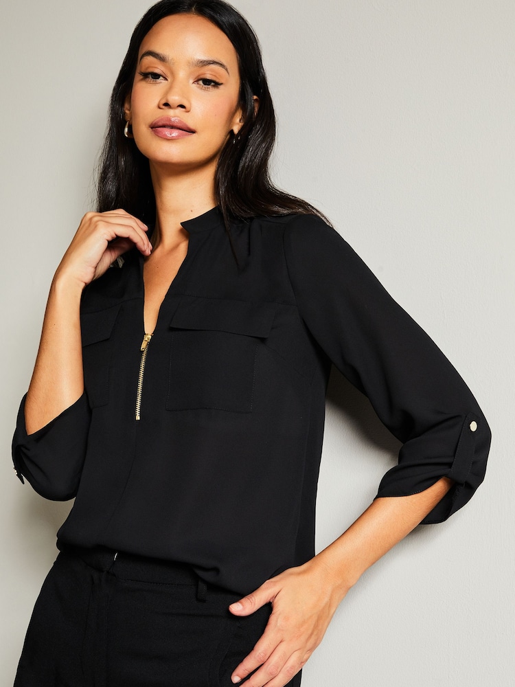 Lipsy Black Zip Front Utility Pocket Blouse - Image 2 of 4 Lipsy Black Zip Front Utility Pocket Blouse - Image 2 of 4