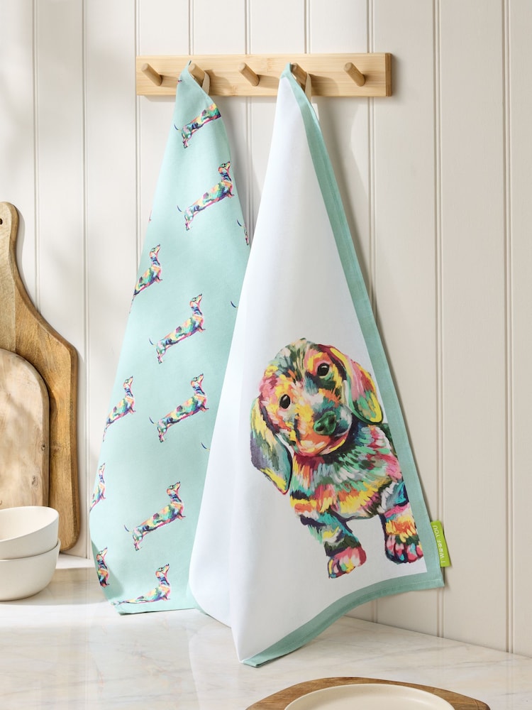 Set of 3 Teal Blue Sausage Dog Tea Towels - Image 1 of 4