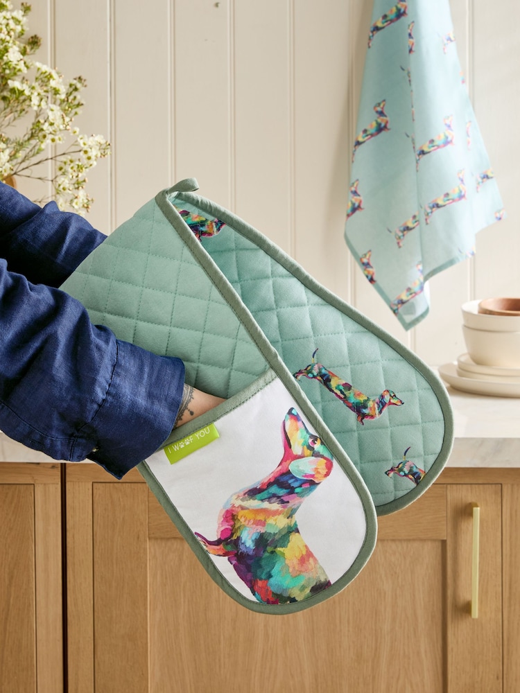 Teal Blue Sausage Dog Oven Gloves - Image 1 of 5