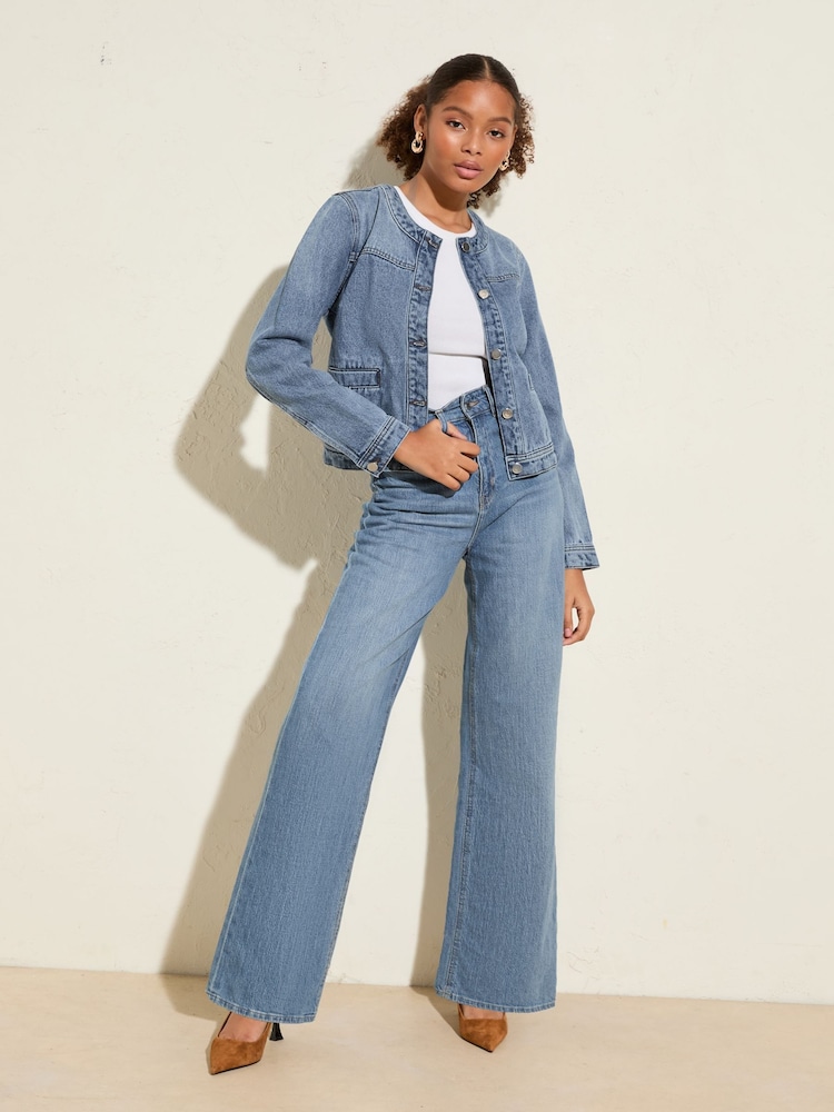 Friends Like These Blue 100% Cotton Denim Collarless Jacket - Image 1 of 5