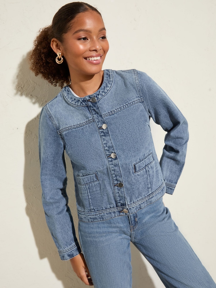 Friends Like These Blue 100% Cotton Denim Collarless Jacket - Image 2 of 5 Friends Like These Blue 100% Cotton Denim Collarless Jacket - Image 2 of 5