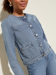 Friends Like These Blue 100% Cotton Denim Collarless Jacket - Image 4 of 5