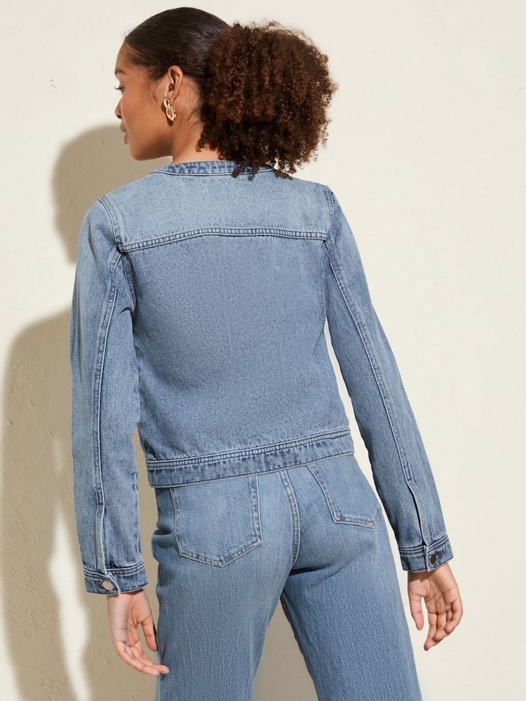 Friends Like These Blue 100% Cotton Denim Collarless Jacket - Image 5 of 5