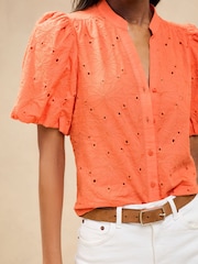 Lipsy Orange Petite Brodierie Puff Sleeve Blouse - Image 2 of 4