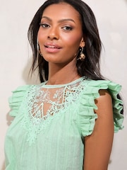 Lipsy Green Petite Embroidered Flutter Sleeve Shell Top - Image 2 of 4