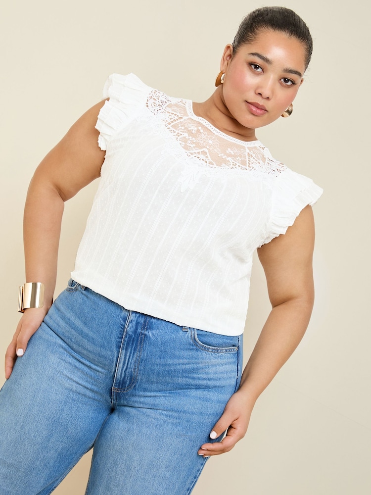 Lipsy White Curve Embroidered Flutter Sleeve Shell Top - Image 1 of 4