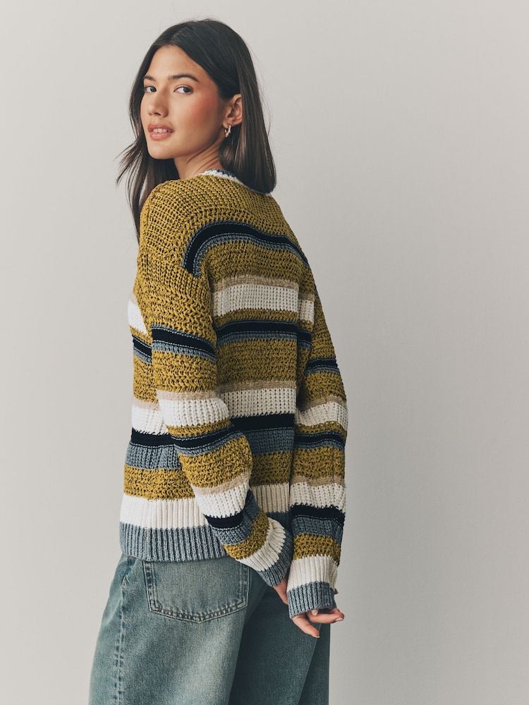 Yellow Ochre Stitchy Striped Relaxed Crew Neck Jumper - Image 3 of 7