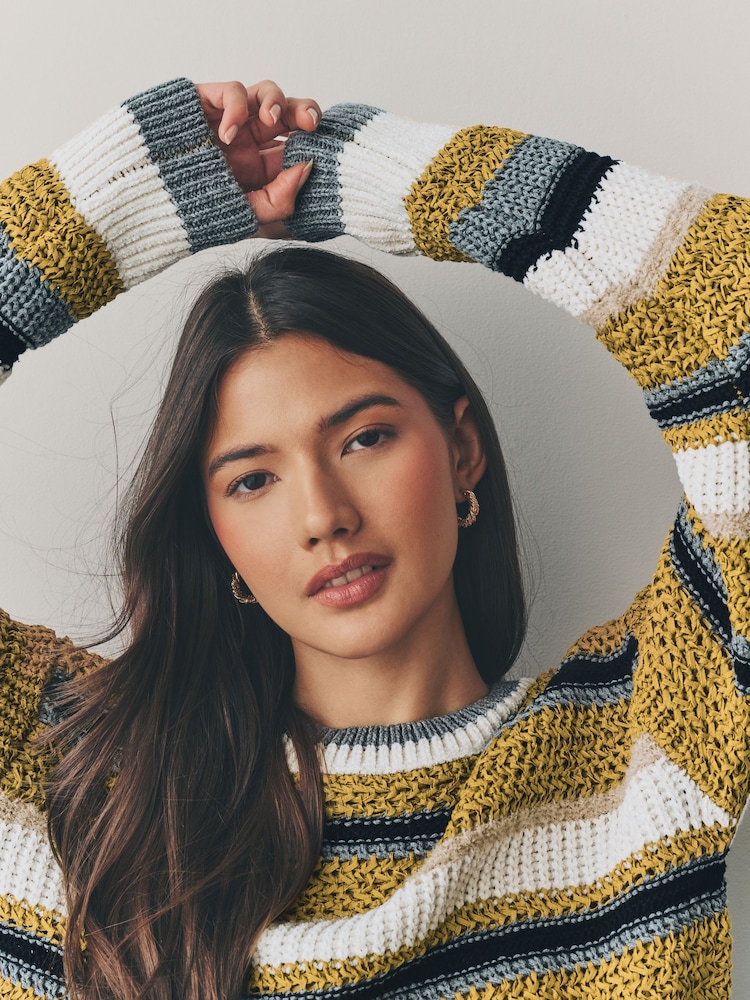 Yellow Ochre Stitchy Striped Relaxed Crew Neck Jumper - Image 4 of 7