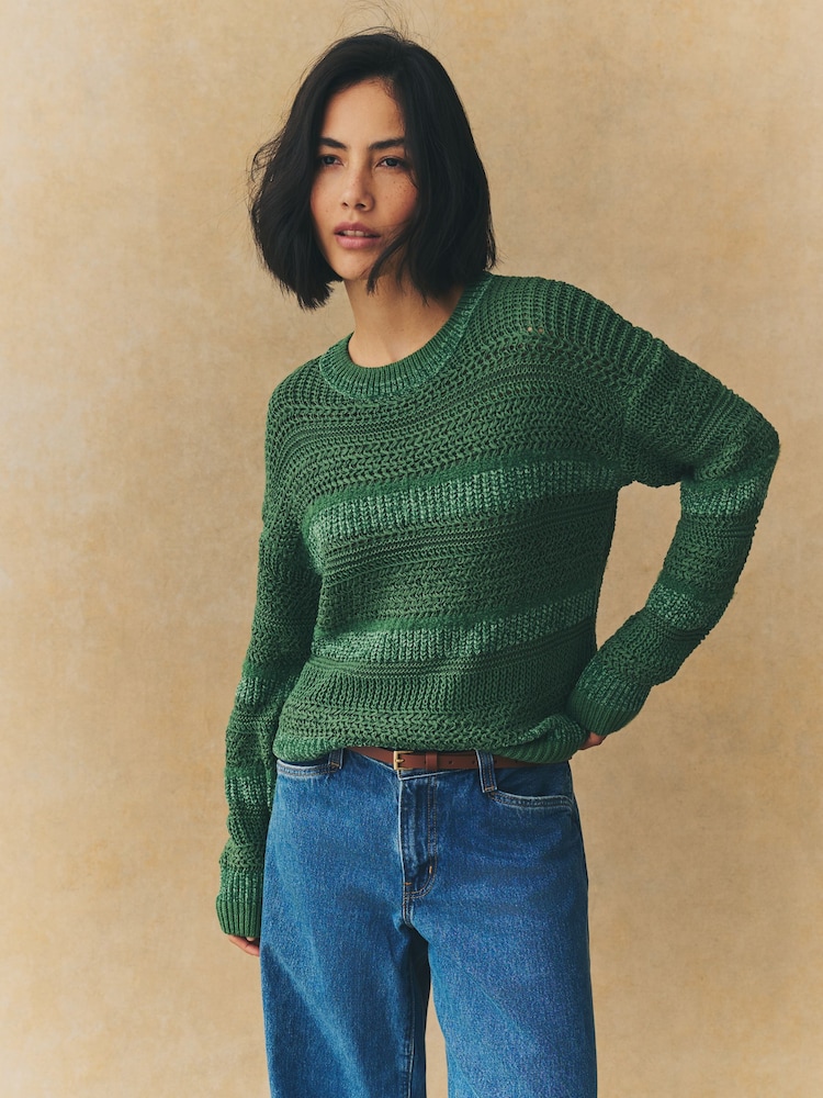 Grün - Gestreifter, lockerer Pullover mit Rundhalsausschnitt und Strukturdetail - Bild 2 von 8 Grün - Gestreifter, lockerer Pullover mit Rundhalsausschnitt und Strukturdetail - Bild 2 von 8