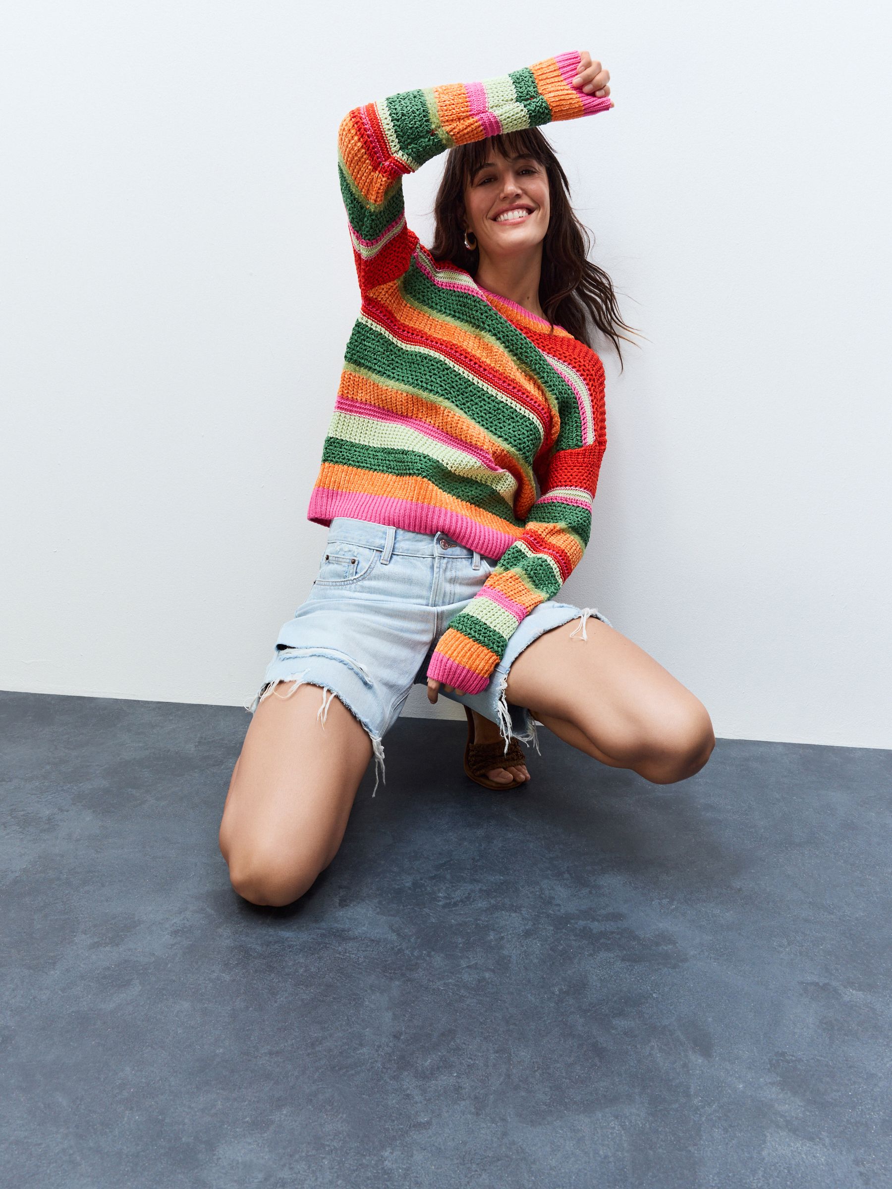 Buy Multi Bright Stitchy Striped Relaxed Crew Neck Jumper from the