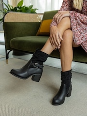 Novo Black Wide Fit Gabrielle Wide Fit Block Heel Ruched Buckle Calf Boots - Image 1 of 6