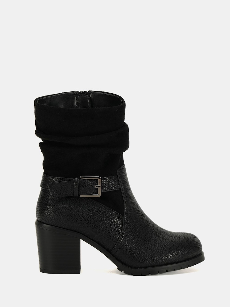Novo Black Wide Fit Gabrielle Wide Fit Block Heel Ruched Buckle Calf Boots - Image 2 of 6