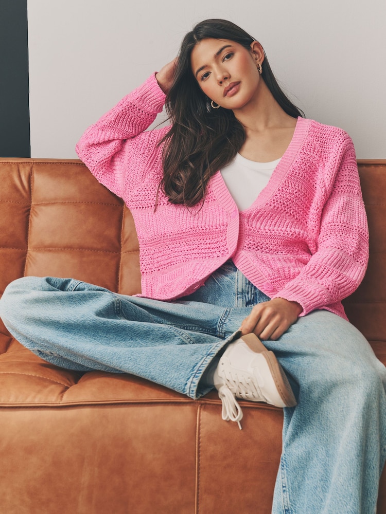 Neon-Pink - Button Up Knitted Stitch Cardigan - Image 1 of 7