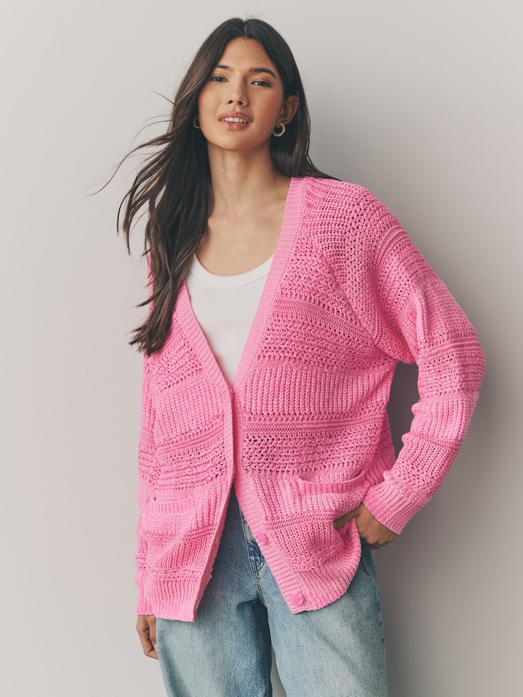 Neon-Pink - Button Up Knitted Stitch Cardigan - Image 2 of 7