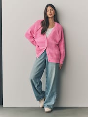Neon-Pink - Button Up Knitted Stitch Cardigan - Image 3 of 7