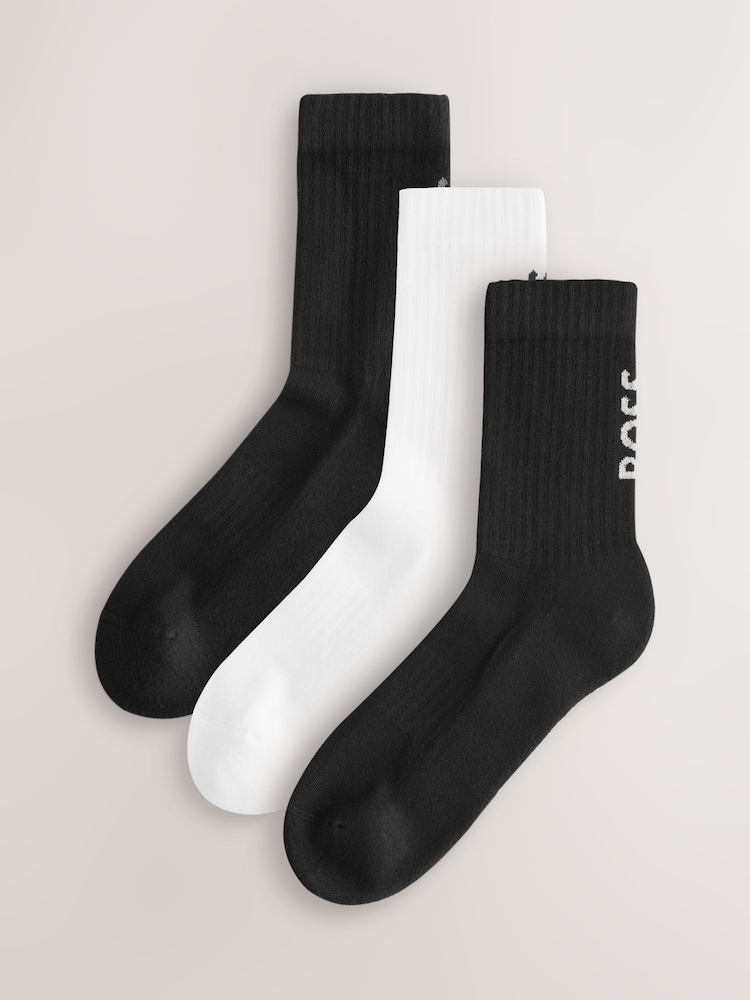 BOSS Black/White Ribbed Short Socks 3 Pack - Image 1 of 4