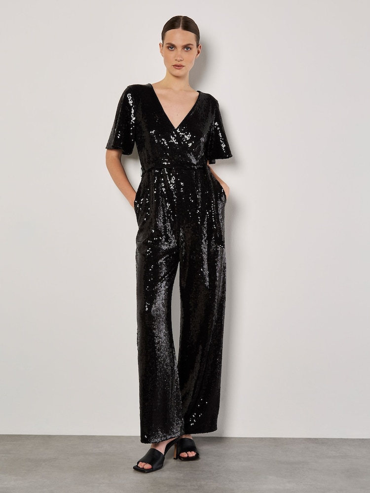 Apricot Black Flat Sequin Angel Sleeves Jumpsuit - Image 2 of 5 Apricot Black Flat Sequin Angel Sleeves Jumpsuit - Image 2 of 5