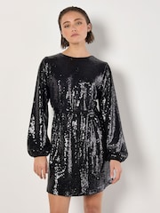 Apricot Black Sequin Puff Sleeves Tie Shift Dress - Image 1 of 5