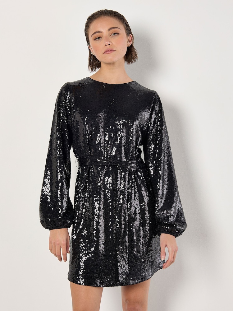 Apricot Black Sequin Puff Sleeves Tie Shift Dress - Image 1 of 5