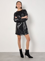 Apricot Black Sequin Puff Sleeves Tie Shift Dress - Image 2 of 5