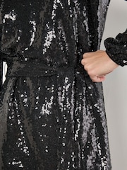 Apricot Black Sequin Puff Sleeves Tie Shift Dress - Image 3 of 5