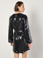 Apricot Black Sequin Puff Sleeves Tie Shift Dress - Image 4 of 5