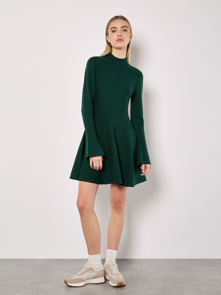 Apricot Green Bell Sleeves Knitted Skater Dress - Image 1 of 4