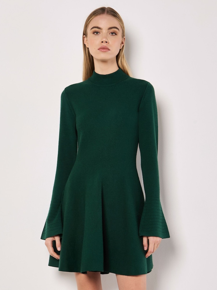 Apricot Green Bell Sleeves Knitted Skater Dress - Image 2 of 4