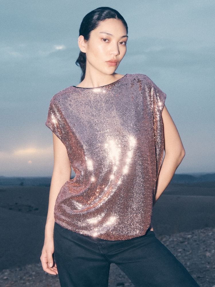 Apricot Brown Flat Sequin Cocoon Top - Image 1 of 6