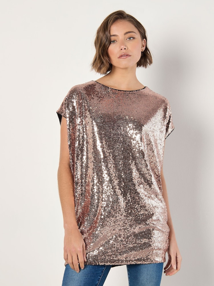 Apricot Brown Flat Sequin Cocoon Top - Image 2 of 6