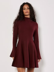 Apricot Red Bell Sleeves Knitted Skater Dress - Image 1 of 4