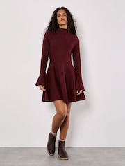 Apricot Red Bell Sleeves Knitted Skater Dress - Image 2 of 4